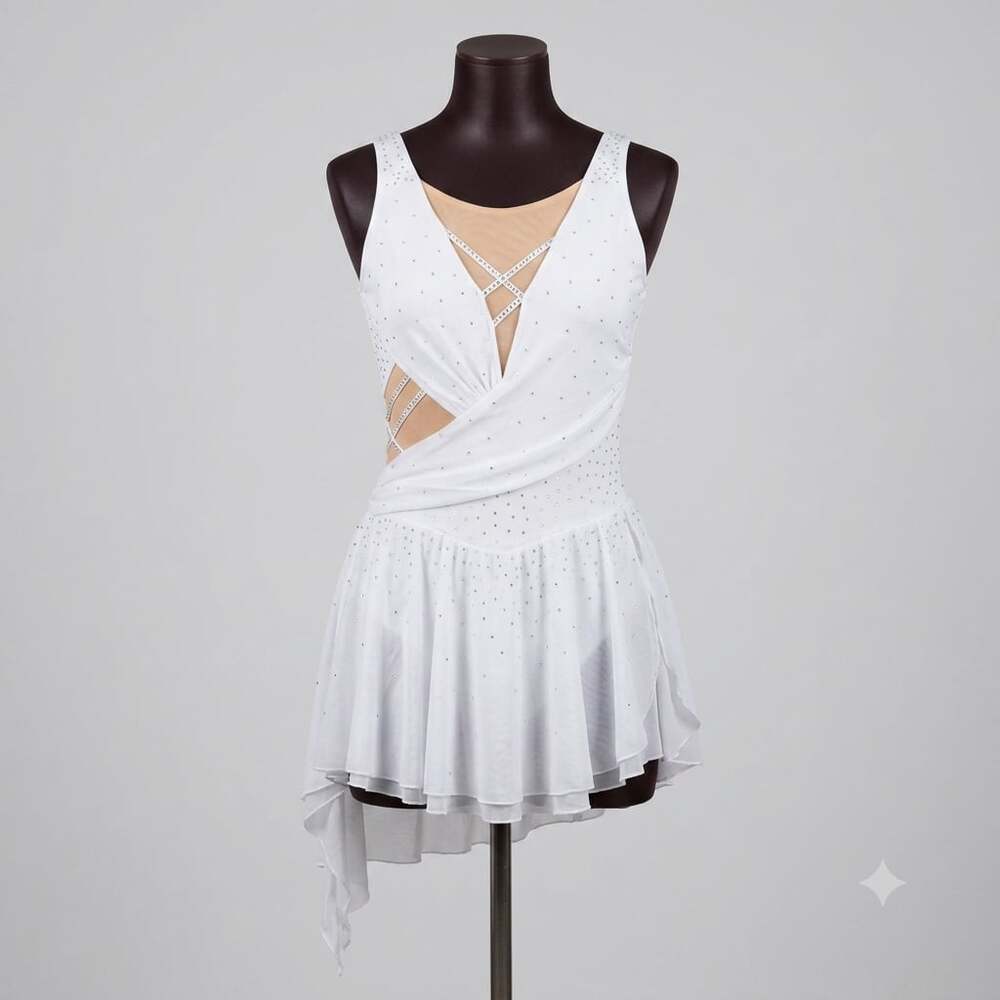 Women's Lyrical Dance Dress with Rhinestones. White, Size XL